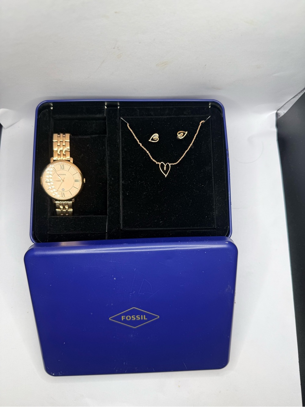 Fossil Gold-Tone Watch and Heart Necklace Set